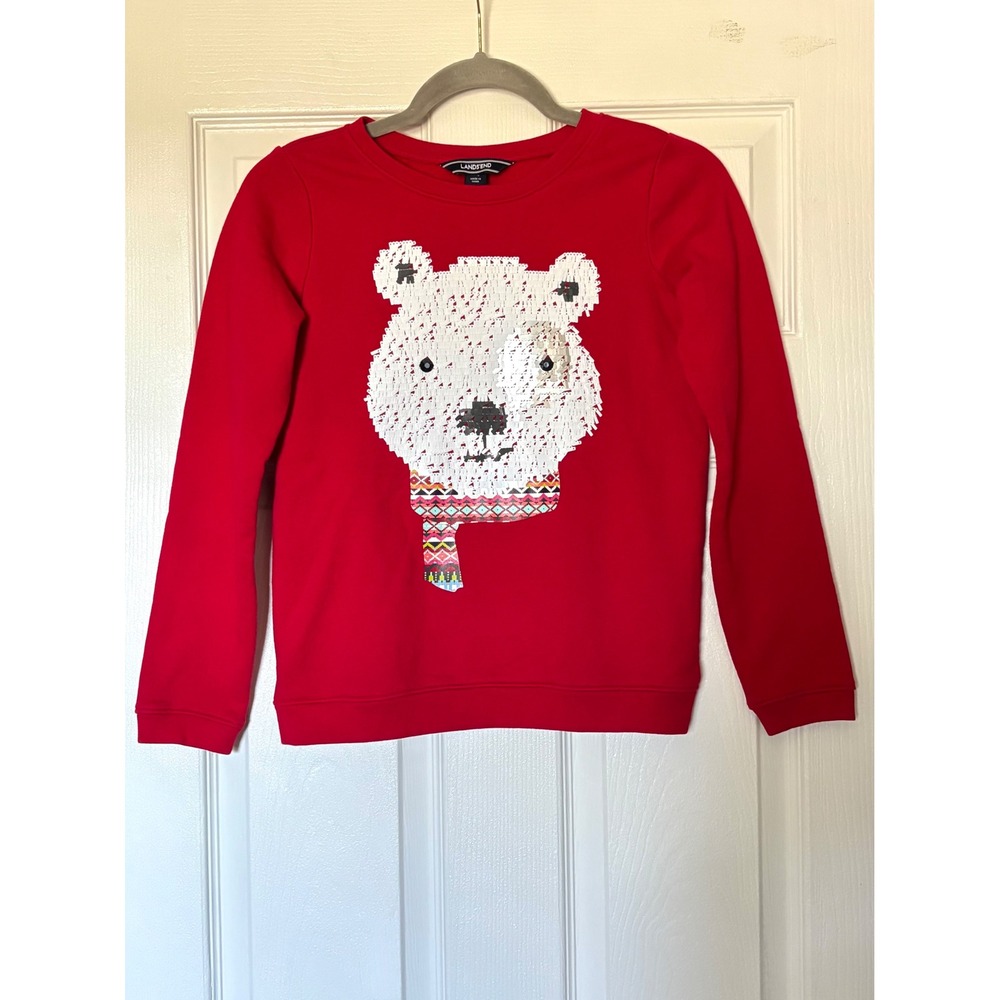Lands End Girls Red Sequin Polar Bear Fleece Sweatshirt Size M 10-12 Holiday
